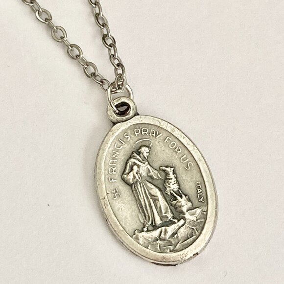 Vintage Saint Anthony Francis Medal Pendant Necklace Italy 18" Stainless Chain - Picture 12 of 15